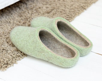 Blush mint felt women indoor slippers with natural latex coating- Breathable warm wool boiled slippers
