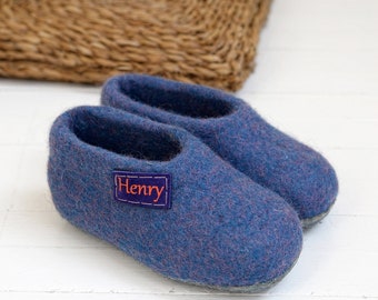 Toddler personalisation boiled wool cozy slippers in blue color perfect for Montessori school