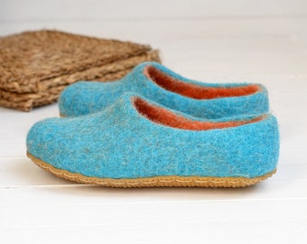 Felt turquoise slippers for woman - house slippers- wool clogs- boiled wool slippers