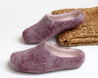 Dark purple felted slippers for woman- Boiled wool slippers for her with sole