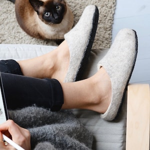 Boiled Wool Women Clogs – Natural Sheep's Wool Felt Slippers, Nordic Hygge Home Shoes