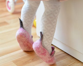 Kids felted wool slippers – pink baby indoor house shoes with non-slip natural latex sole – warm eco-friendly toddler slippers gift