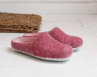 Ready to ship US 8.5 EU 39- woman felted slippers in raspberry color with white natural rubber sole