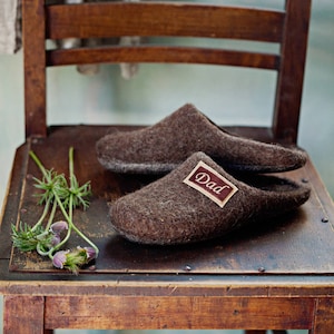Brown men felt slippers personalized dad handmade wool house shoes