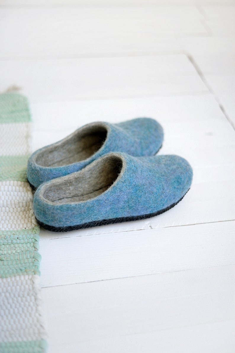 Felt Wool Slippers for Women in Blue Color With Rubber Sole Etsy