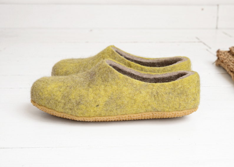 Ready to next day ship Boiled wool yellow slippers for women with customisable sole felted warm house shoes image 6