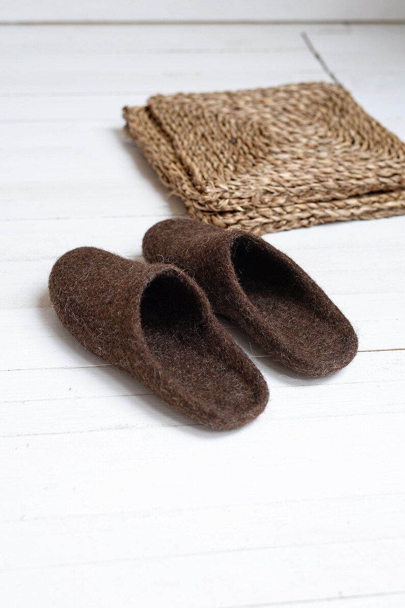 Boiled wool warm woman step in slippers with latex sole sustainable Scandinavian style brown slippers image 1