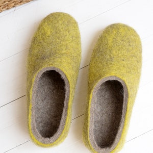 Ready to next day ship Boiled wool yellow slippers for women with customisable sole felted warm house shoes image 5