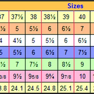 May include: Shoe size conversion chart with measurements in inches and centimeters. Includes European, U.K., and U.S. & Canada sizes for men and women. The chart displays sizes from 35 to 48 1/2 in European sizes, and 9 inches to 11 1/2 inches.
