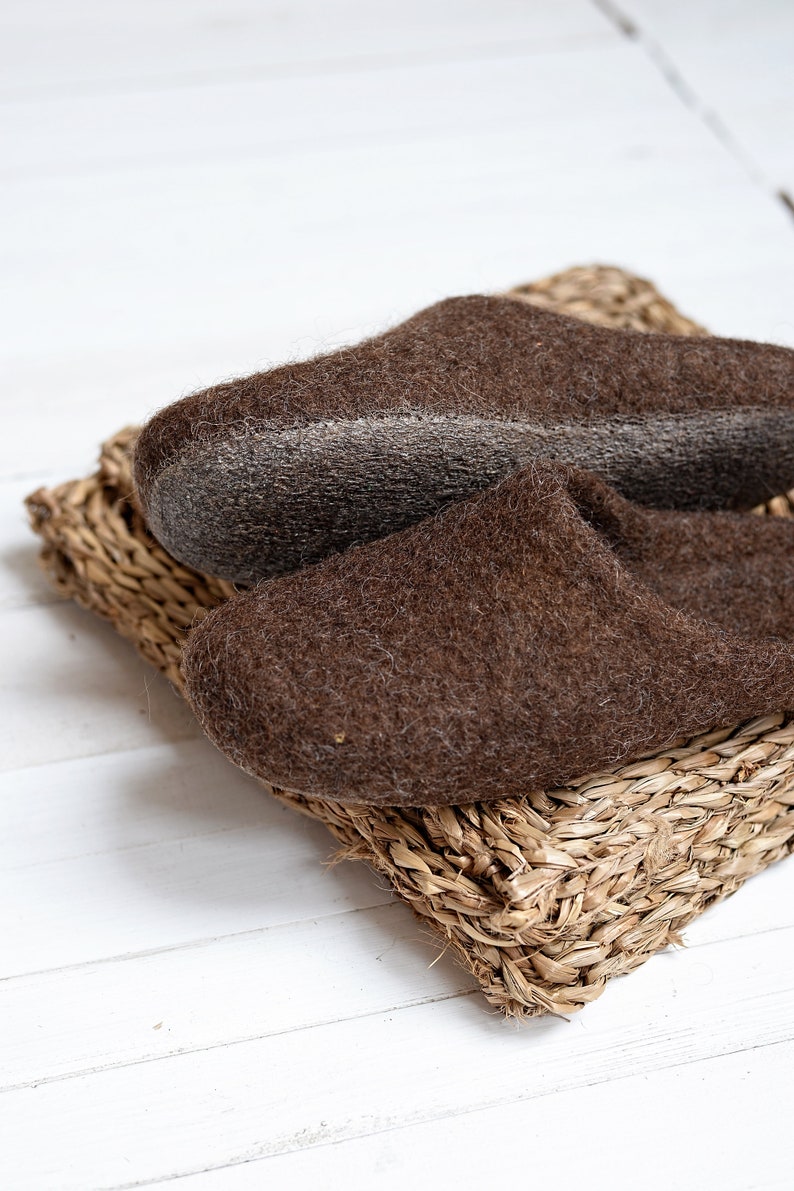 Boiled wool warm woman step in slippers with latex sole sustainable Scandinavian style brown slippers image 5