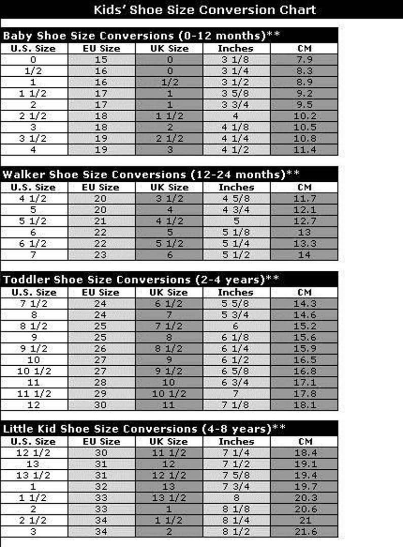 May include: A chart showing baby, walker, toddler, and little kid shoe size conversions in US, EU, and UK sizes, along with corresponding inches and centimetres.