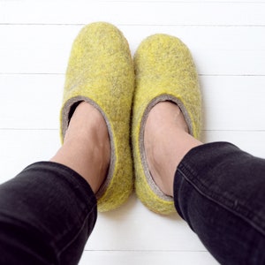 Ready to next day ship Boiled wool yellow slippers for women with customisable sole felted warm house shoes image 2