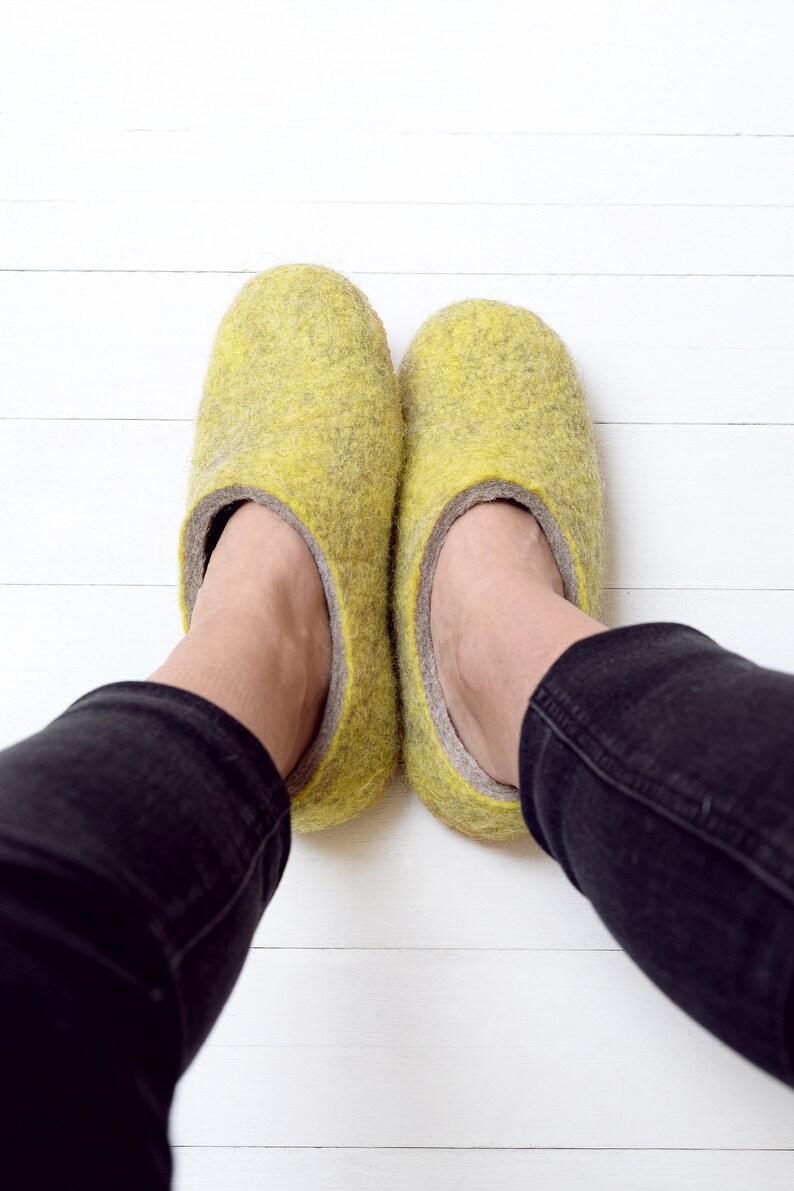 Ready to next day ship Boiled wool yellow slippers for women with customisable sole felted warm house shoes image 2