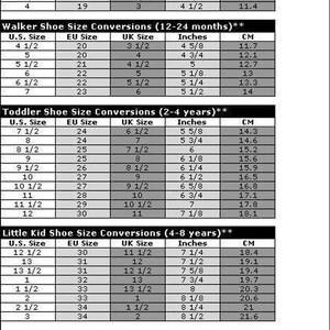 May include: A chart showing shoe size conversions for babies, toddlers, little kids, and big kids. The chart includes US, EU, UK, inches, and centimetres. The chart is labelled with age ranges for each size category.  All Age/Size ranges are intended for general reference and are to be used as a guide only; age and size will vary.