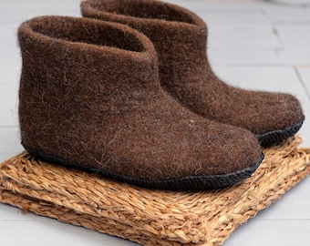 Handmade Wool Ankle Boots: Natural Brown Felted Slippers