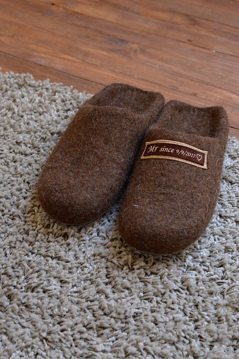 Men wool felt slippers personalized dad cozy indoor non slip shoes