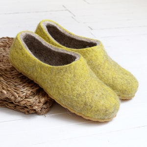 Ready to next day ship Boiled wool yellow slippers for women with customisable sole felted warm house shoes image 1