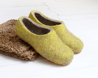 Ready to next day ship- Boiled wool yellow slippers for women with customisable sole- felted warm house shoes