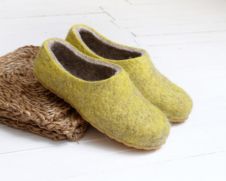 Ready to next day ship Boiled wool yellow slippers for women with customisable sole felted warm house shoes image 1