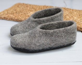 Handmade Gray Wool Slippers: Organic Felted Boiled Wool with Latex Sole