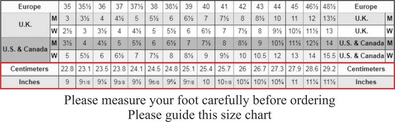 Puede incluir: Tabla de conversi&oacute;n de tallas de zapatos con medidas en cent&iacute;metros y pulgadas. Incluye tallas europeas, brit&aacute;nicas y de EE. UU. y Canad&aacute;. La tabla proporciona conversiones de longitud del pie, desde 22,8 cm (9 pulgadas) hasta 29,2 cm (11 1/2 pulgadas).