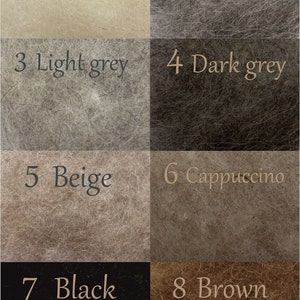 May include: Eight colour swatches of felt fabric in various shades of grey, beige, brown, black, and white. The swatches are labelled with numbers 1 through 8 and the corresponding colour name.