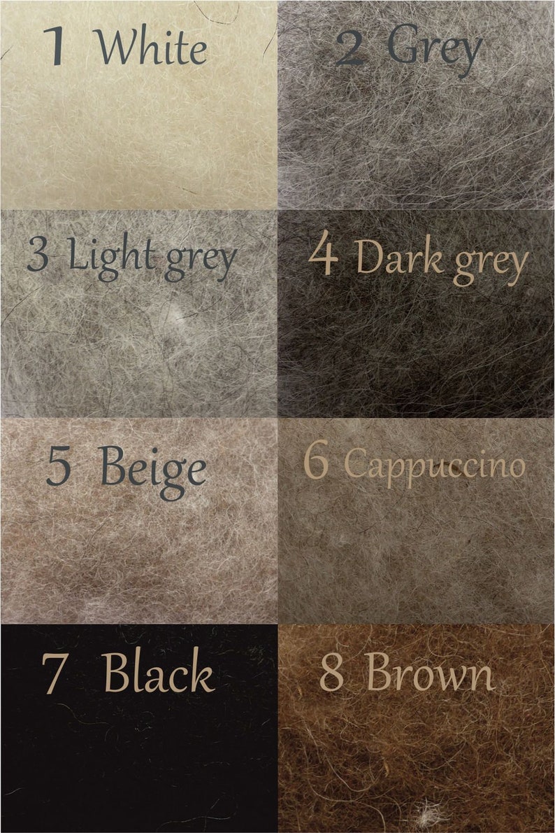 May include: Eight colour swatches of felt fabric in various shades of grey, beige, brown, black, and white. The swatches are labelled with numbers 1 through 8 and the corresponding colour name.