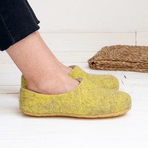 Ready to next day ship Boiled wool yellow slippers for women with customisable sole felted warm house shoes image 3