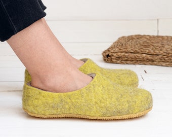 Boiled wool yellow slippers for women, felted warm house shoes with custom sole, warm slippers gift for wife, Hygge slippers ladies