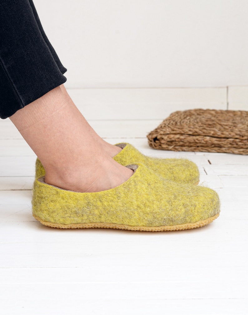 Ready to next day ship Boiled wool yellow slippers for women with customisable sole felted warm house shoes image 3
