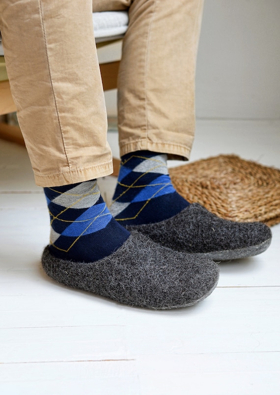 Felt wool clogs for men, special gift for him, wool lining slippers with durable non slip rubber sole