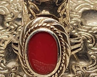 925 Sterling Silver Red Coral Ring size 9