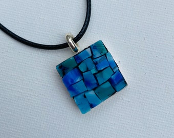 white /& teal Strata Glass Pendant in Square Base Blue