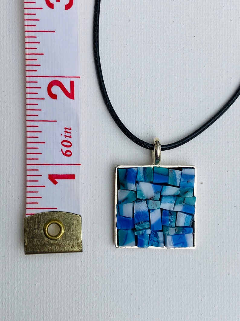 white /& teal Strata Glass Pendant in Square Base Blue