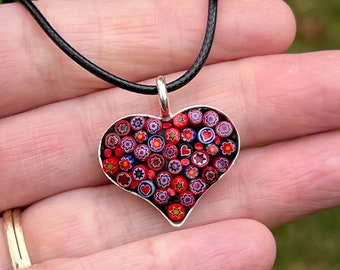 Red Floral Mosaic Pendant in Heart Base
