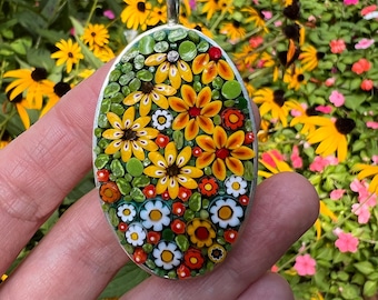 Summer Floral Mosaic Pendant in Large Oval Base