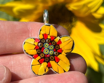 Sunflower Mosaic Pendant in Flower-shaped Base