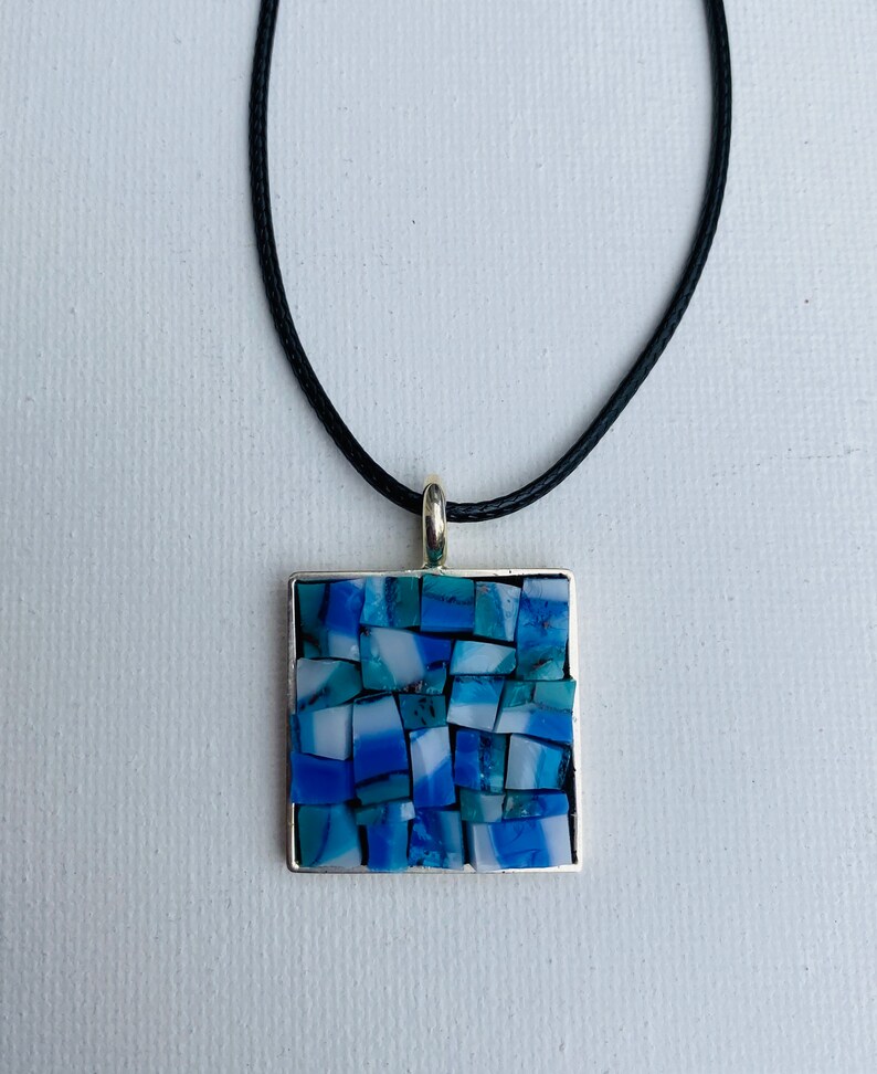 white /& teal Strata Glass Pendant in Square Base Blue