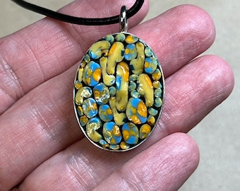 Yellow and Blue Mosaic Pendant in Oval Base