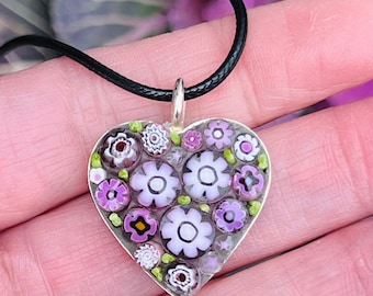 Pink Floral Mosaic Pendant in Heart Base