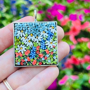 Summer Floral Mosaic Pendant in Square Base