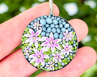 Summer Floral Mosaic Pendant in Round Base