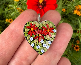 Summer Floral Mosaic Pendant in Heart Base