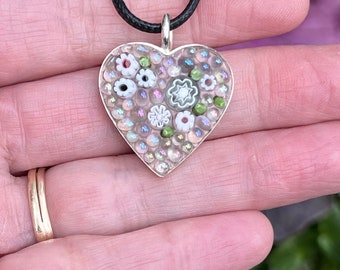 Pink and white Floral Mosaic Pendant in Heart Base