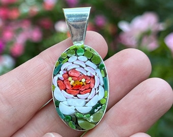 Pink & White Floral Mosaic Pendant in Oval Base with Big Bail