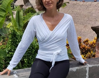 Top cruzado de algodón spub, estilo ballet, con lazo alrededor de la cintura, disponible en 7 colores.