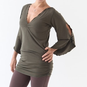 RUCHED SIDE fitted tunic top - V neck long top for leggings or sexy short shirt dress
