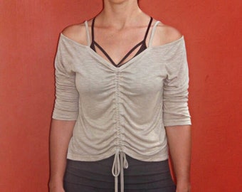 DRAWSTRING front ruched top , stretchy off the shoulder shirt