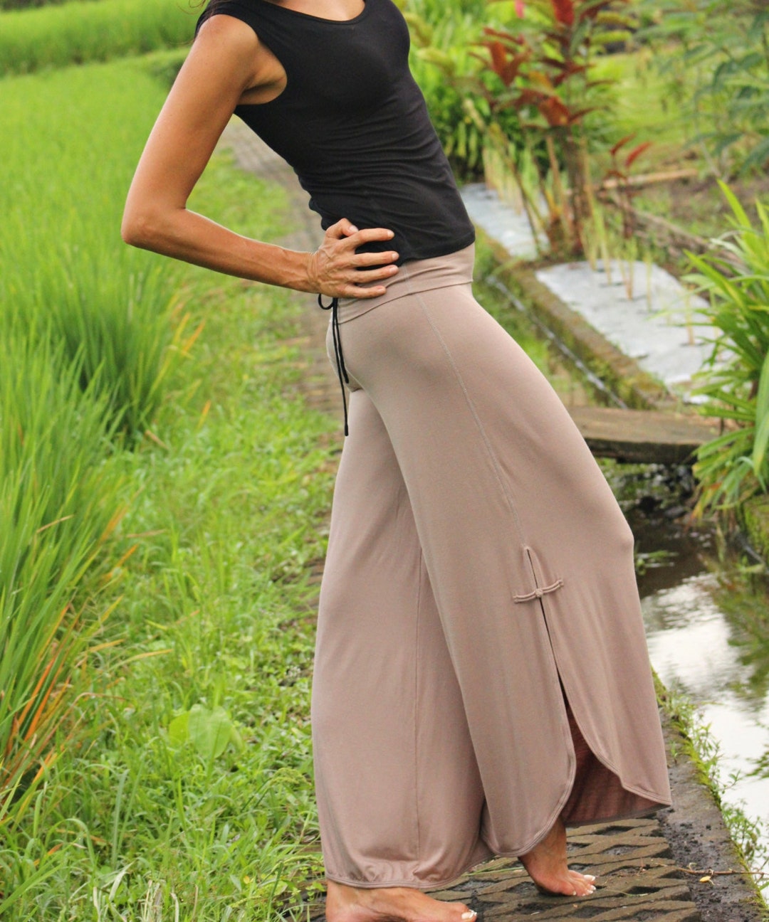 【Anyone more】Modi cut slit maxi long wide pants WIDE Legs PANTS - High Waist Palazzo Pants With Side Slits