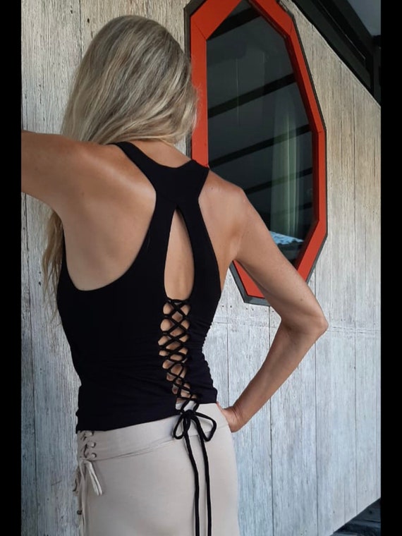 Criss Cross Tie Back TANK TOP Built in Bra Stretchy Sexy Halter Top 